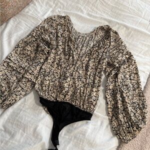 Free People Black and Cream Floral Bodysuit